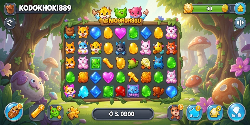Tampilan gameplay seru KODOKHOKI889 dengan kombinasi match-3 yang mendebarkan.