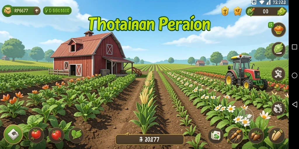 Tangkapan layar dari gameplay yang menunjukkan kebun yang indah dan alat pertanian.