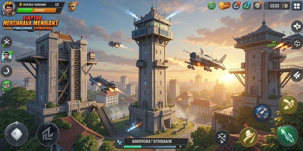 Screenshot SIAP108 menampilkan aksi seru dalam pertahanan menara.